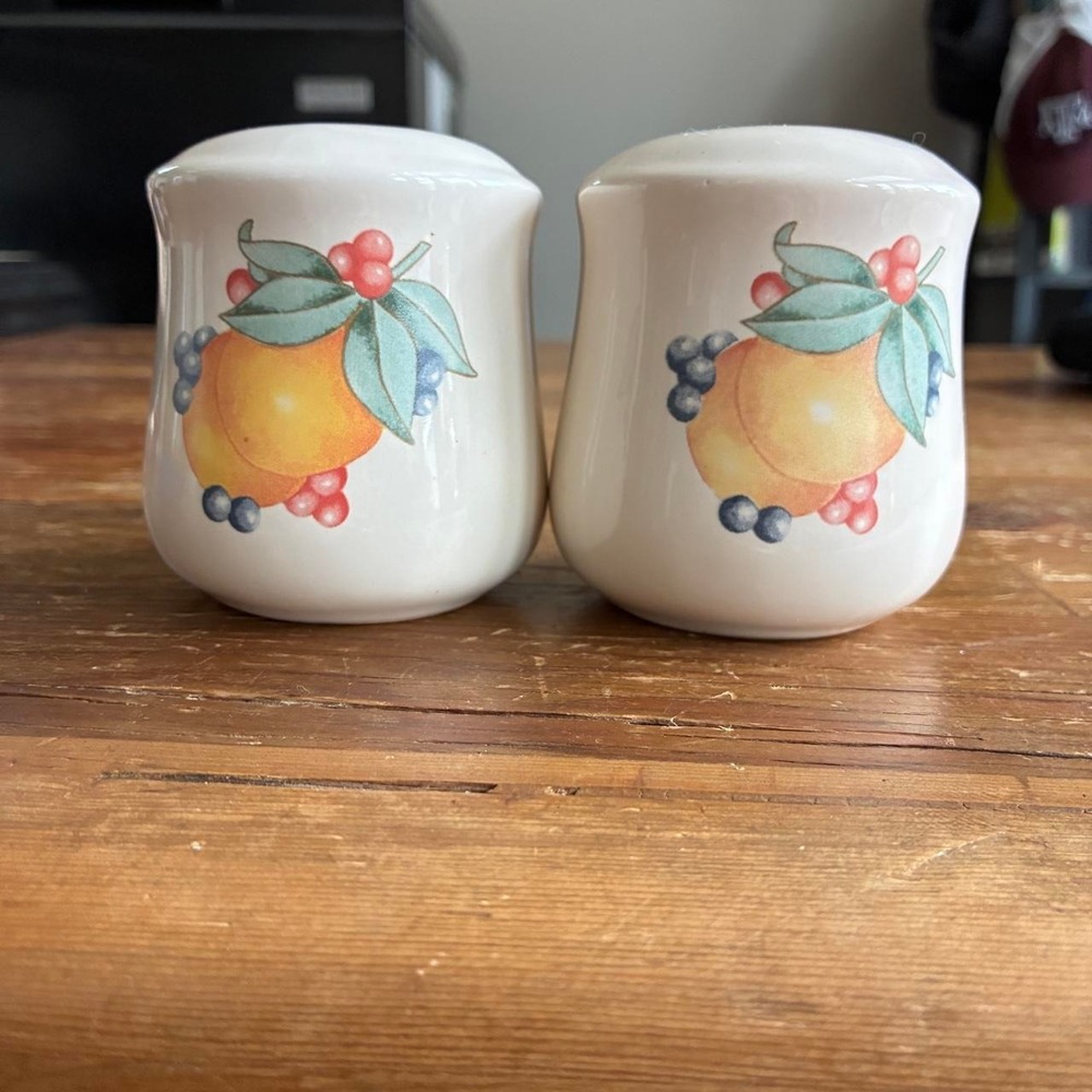 Vintage White ceramic salt and pepper shakers with orange & berry design